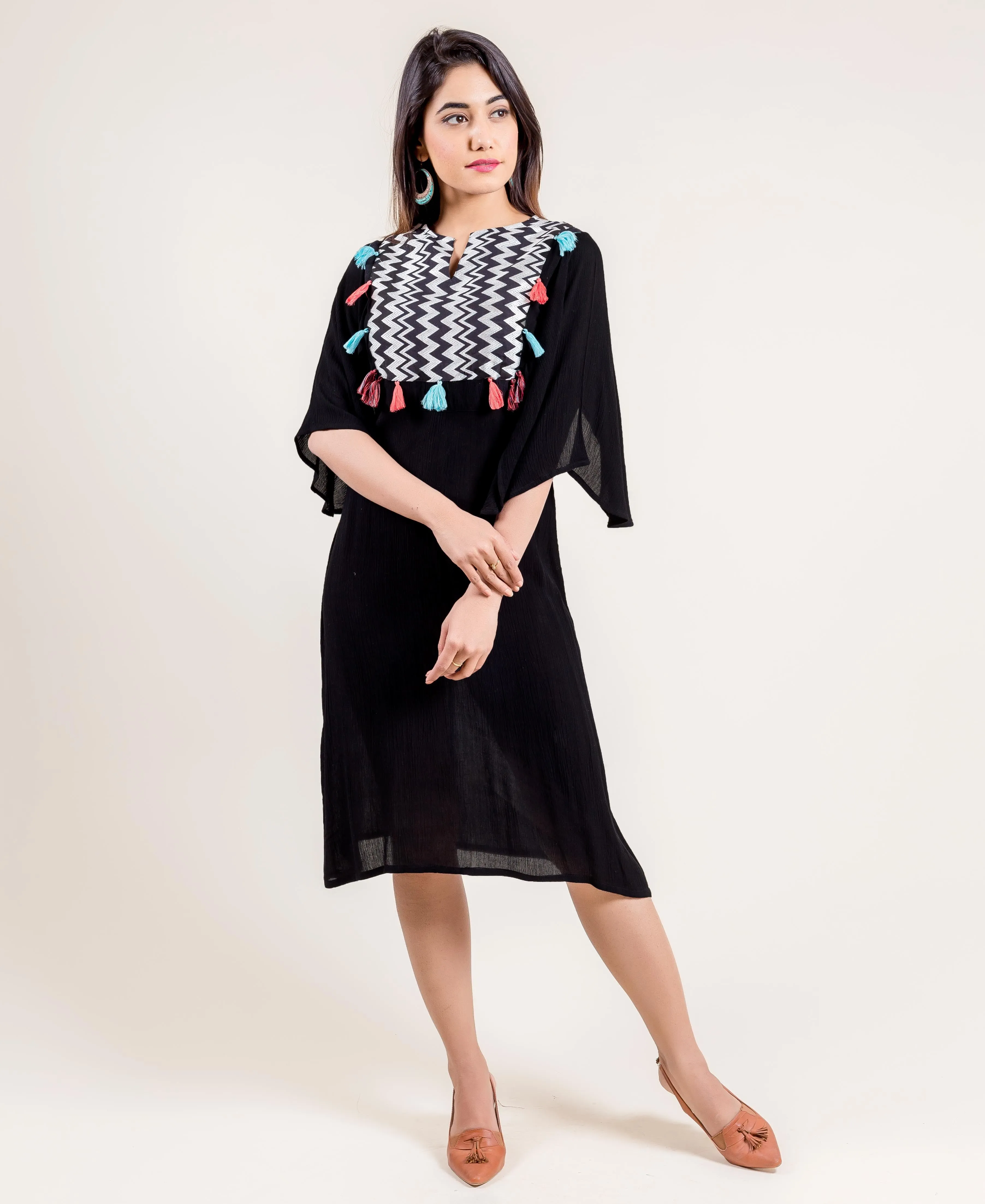 Embroidered And Tasseled Indo Western Style Rayon Gauze Black Dress