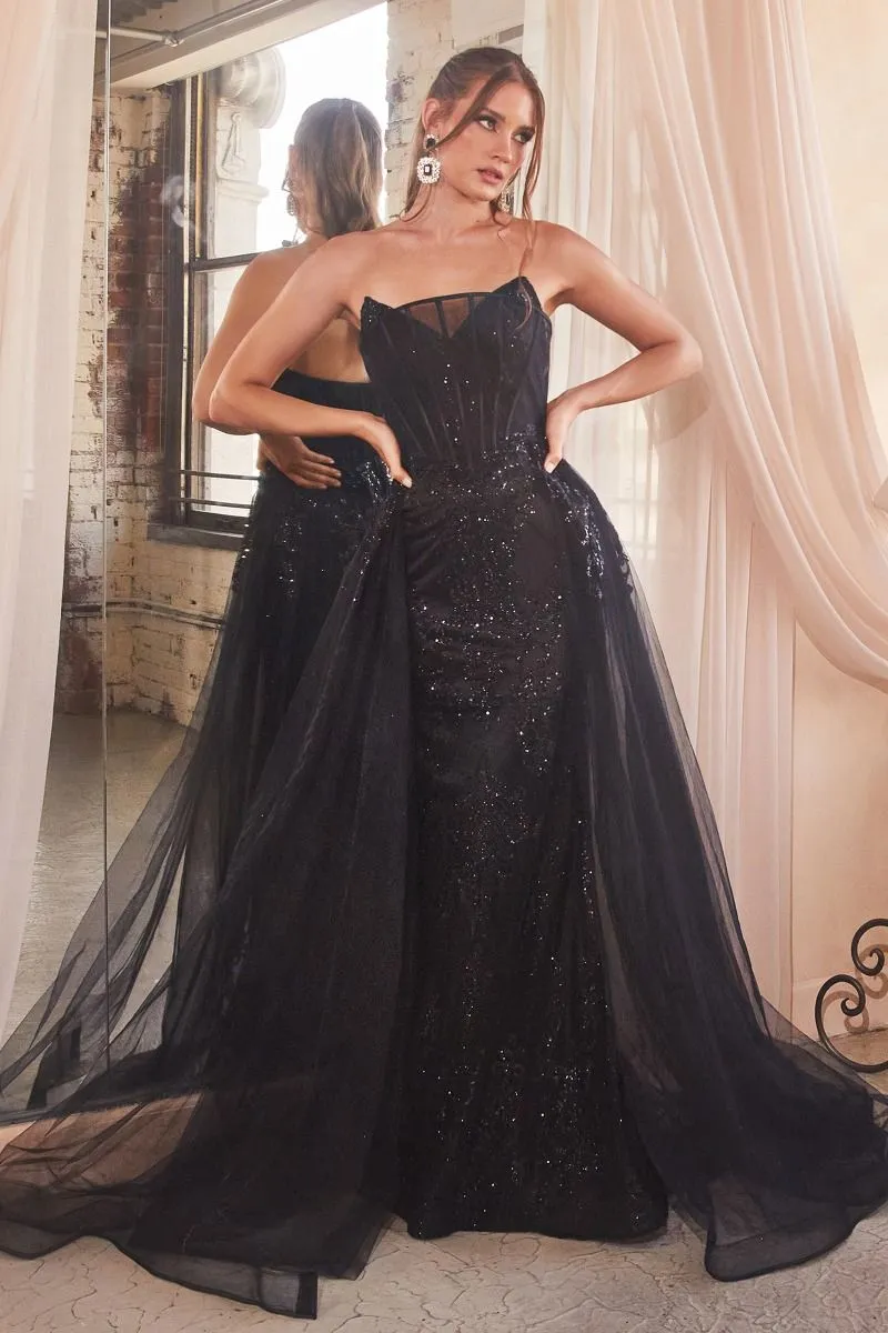 Extra Dazzle | Strapless Glitter Gown With Removable Tulle Overskirt | LaDivine J858