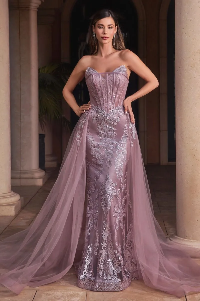 Extra Dazzle | Strapless Glitter Gown With Removable Tulle Overskirt | LaDivine J858