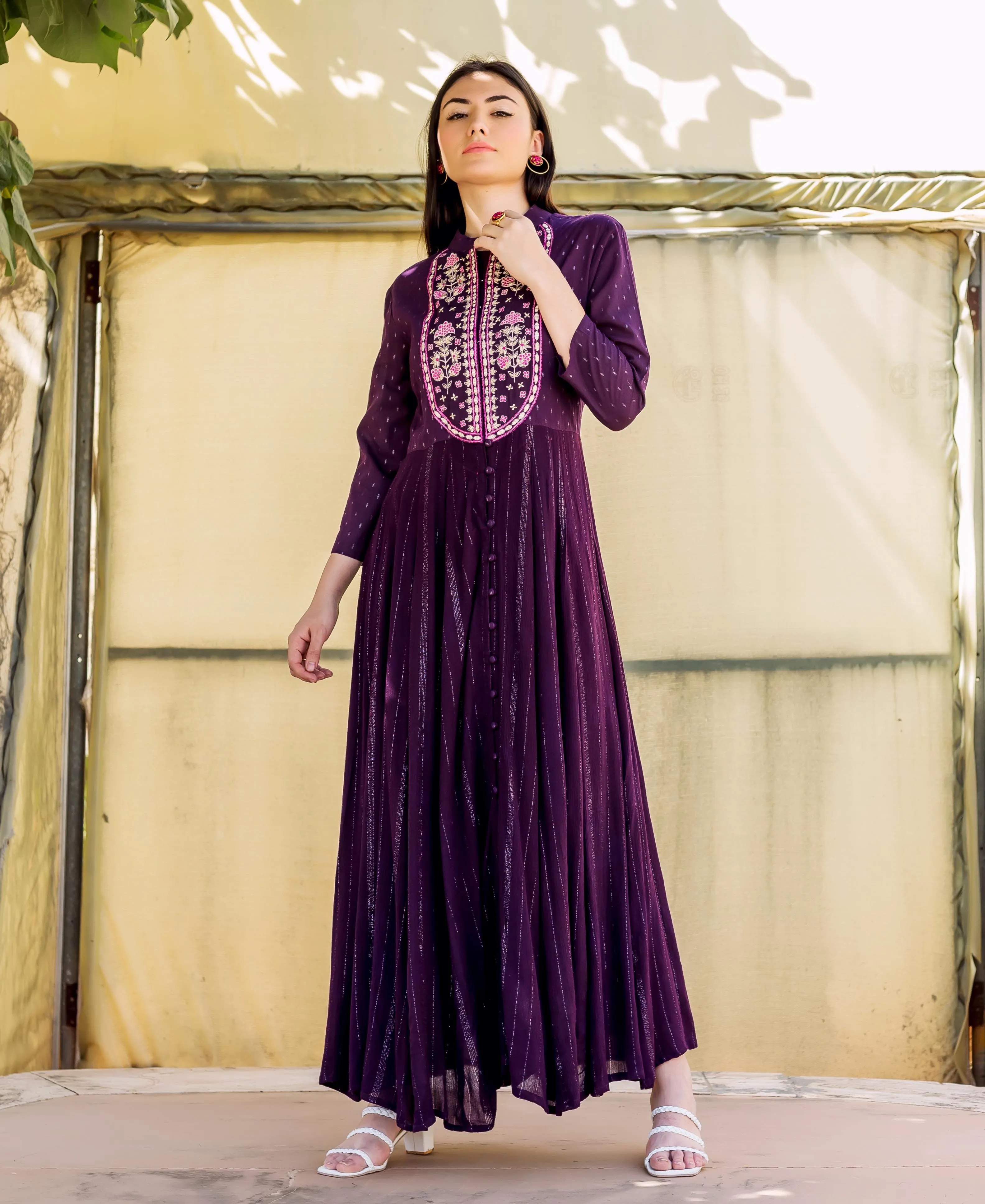 Farha Wine Lurex Embroidered Anarkali Dress