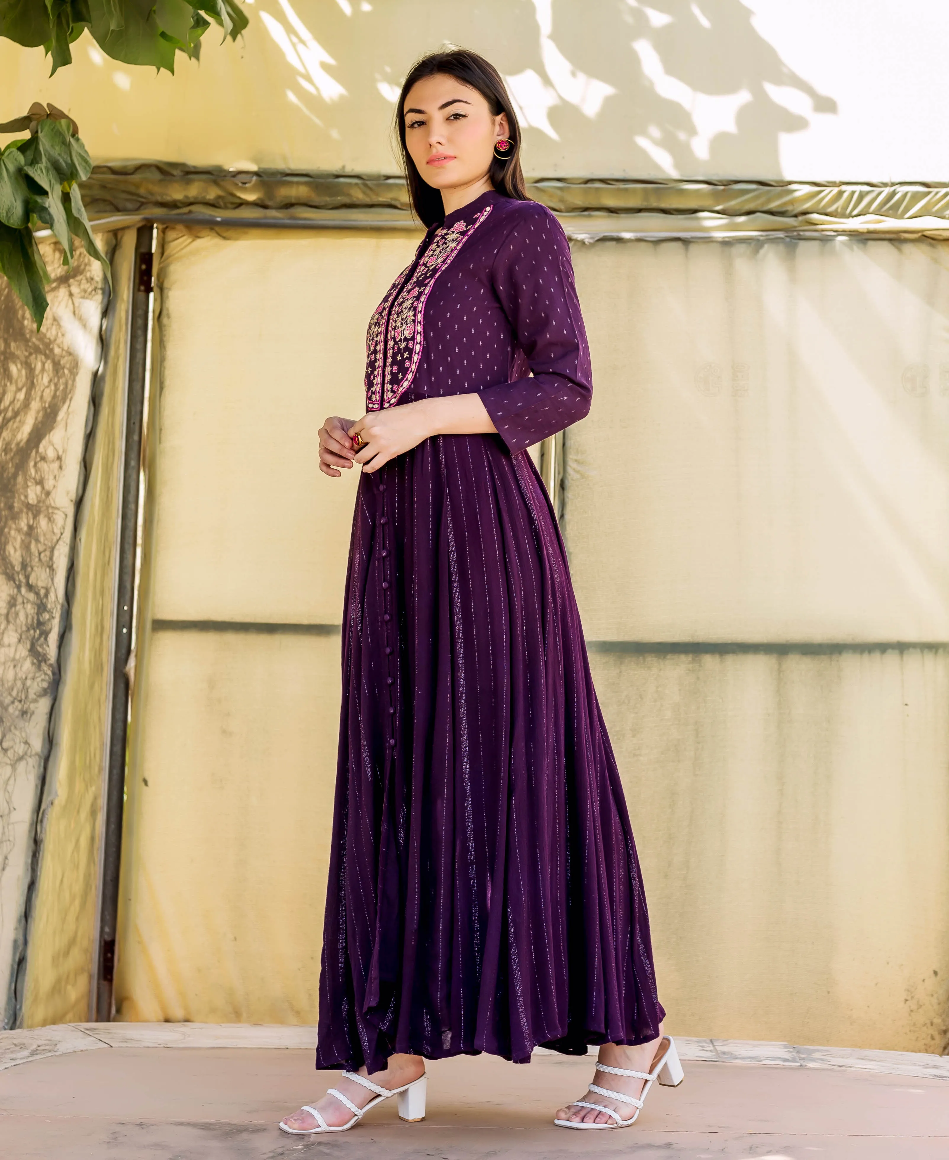 Farha Wine Lurex Embroidered Anarkali Dress