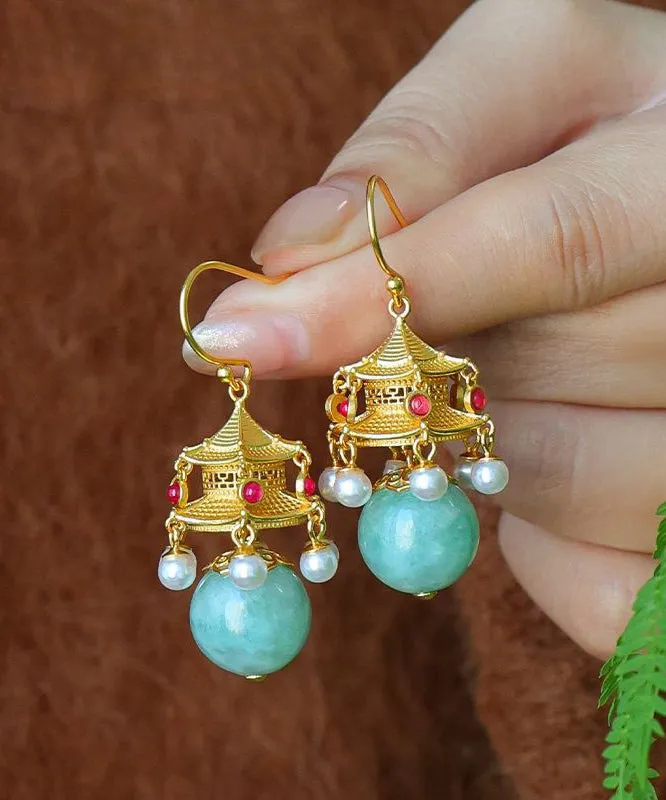 Fashion White Ancient Gold Pearl Agate Palace Lantern Drop Earrings GH1083