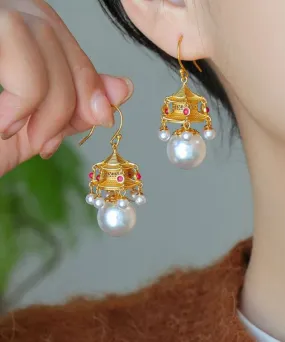 Fashion White Ancient Gold Pearl Agate Palace Lantern Drop Earrings GH1083