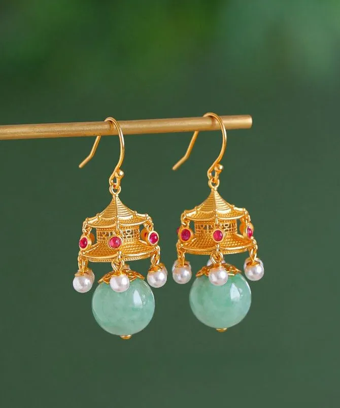 Fashion White Ancient Gold Pearl Agate Palace Lantern Drop Earrings GH1083