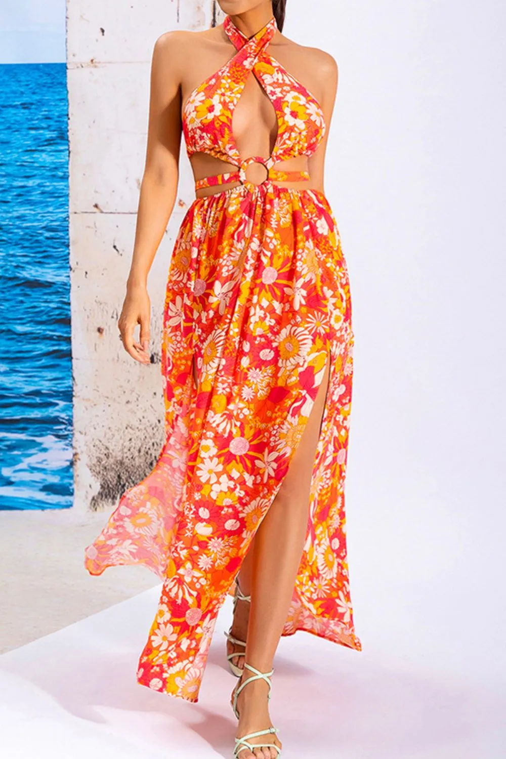 Floral Cutout Halter Neck Split Dress