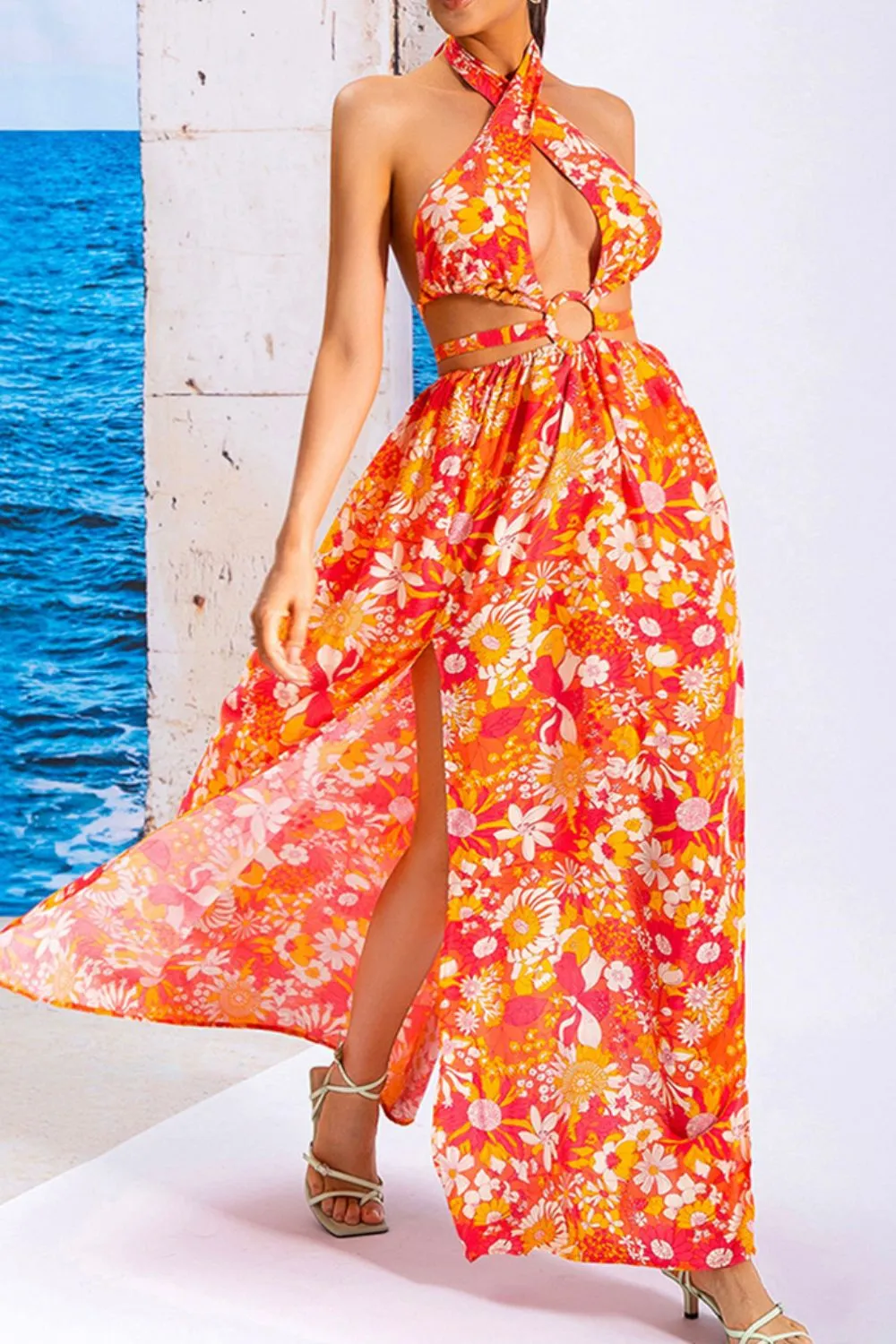 Floral Cutout Halter Neck Split Dress