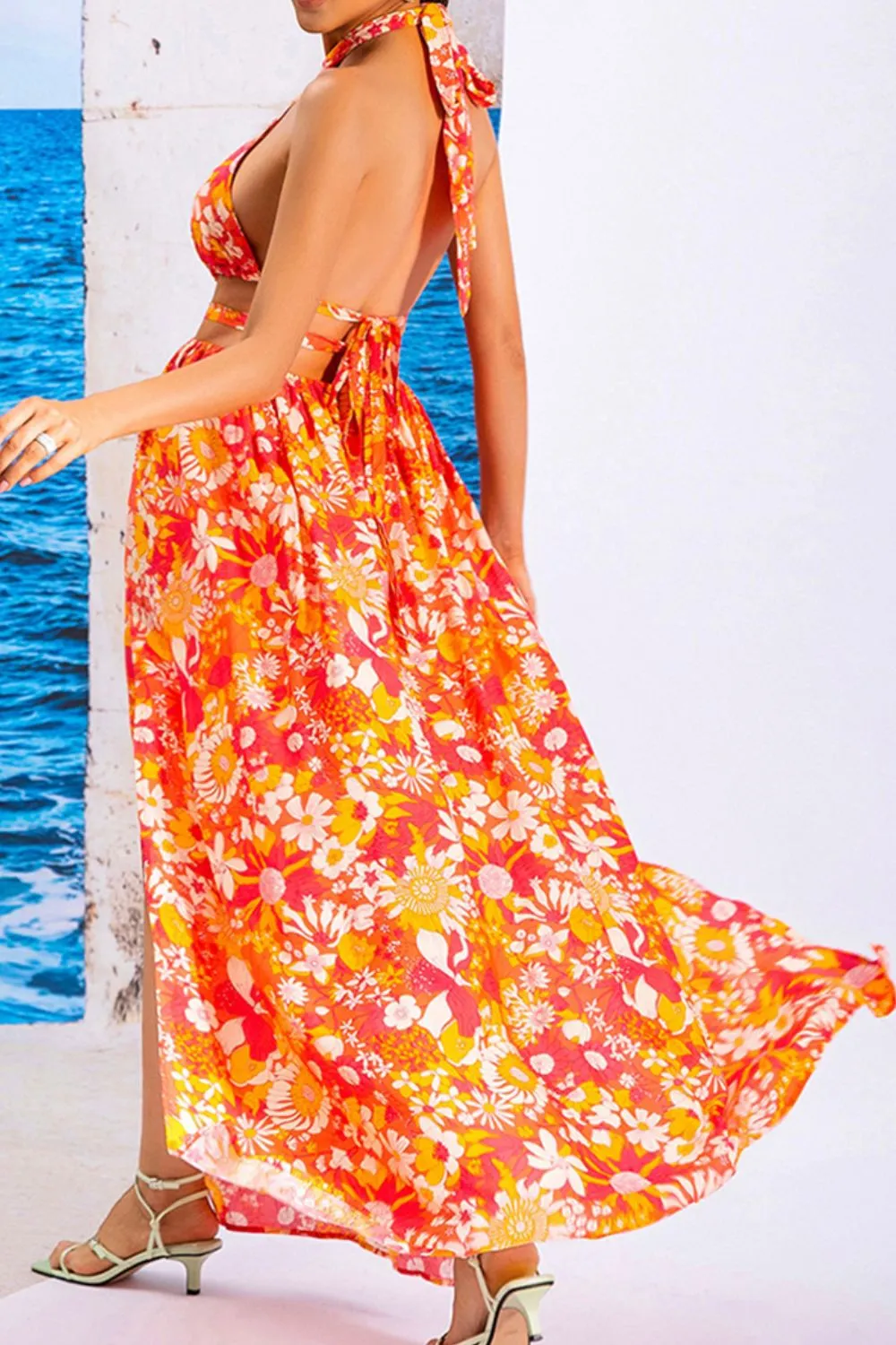 Floral Cutout Halter Neck Split Dress