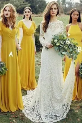 Flowy Yellow Long Chiffon Cheap Floor Length Bridesmaid Dress