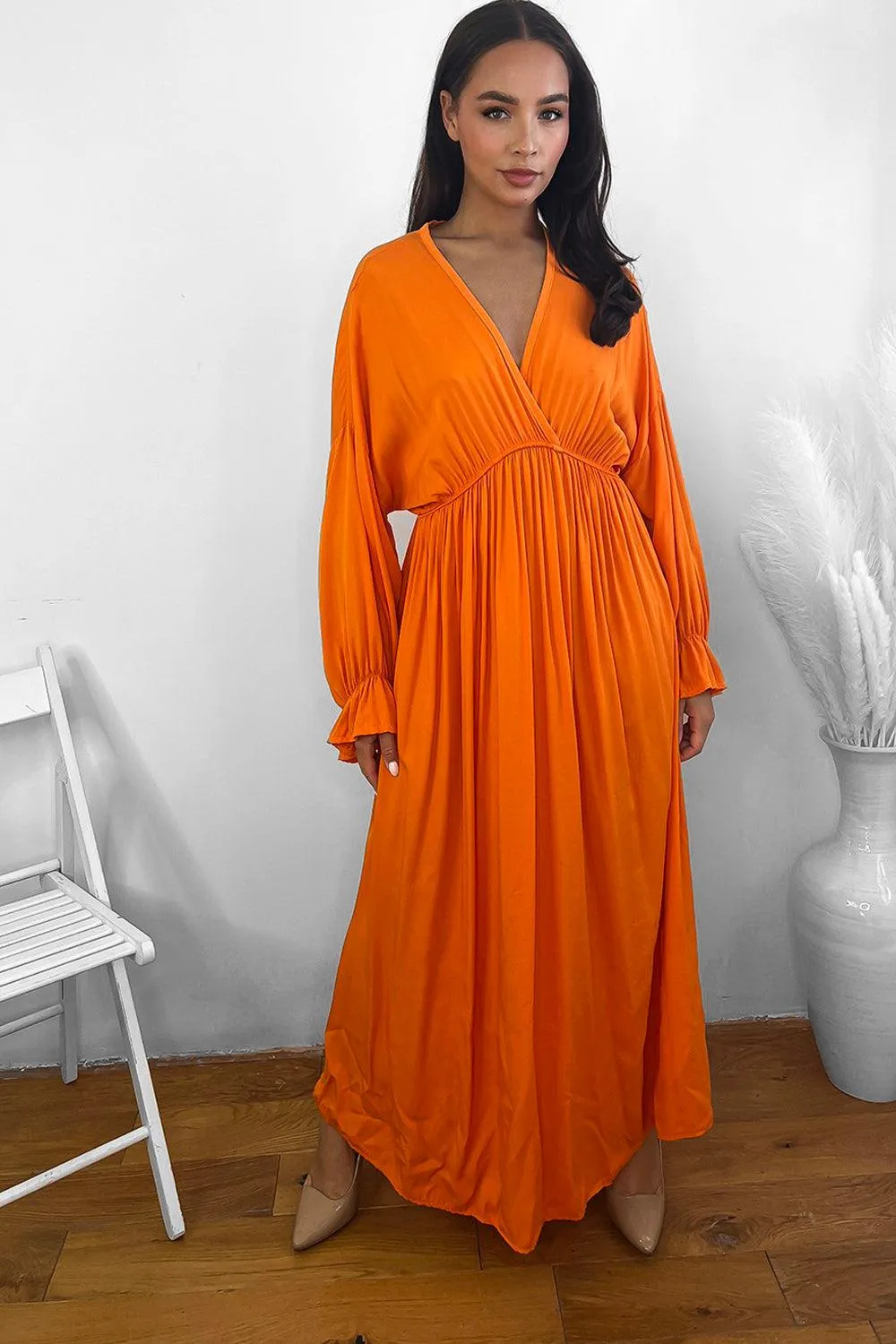 Flute Sleeves Chiffon Maxi Dress