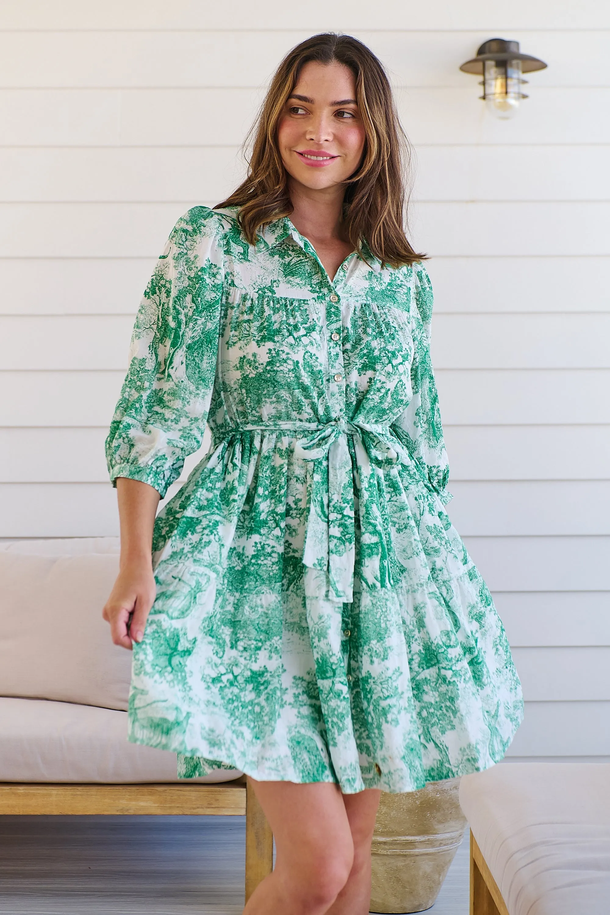 Gabrielle 3/4 Sleeve White/Green Print Collared Dress