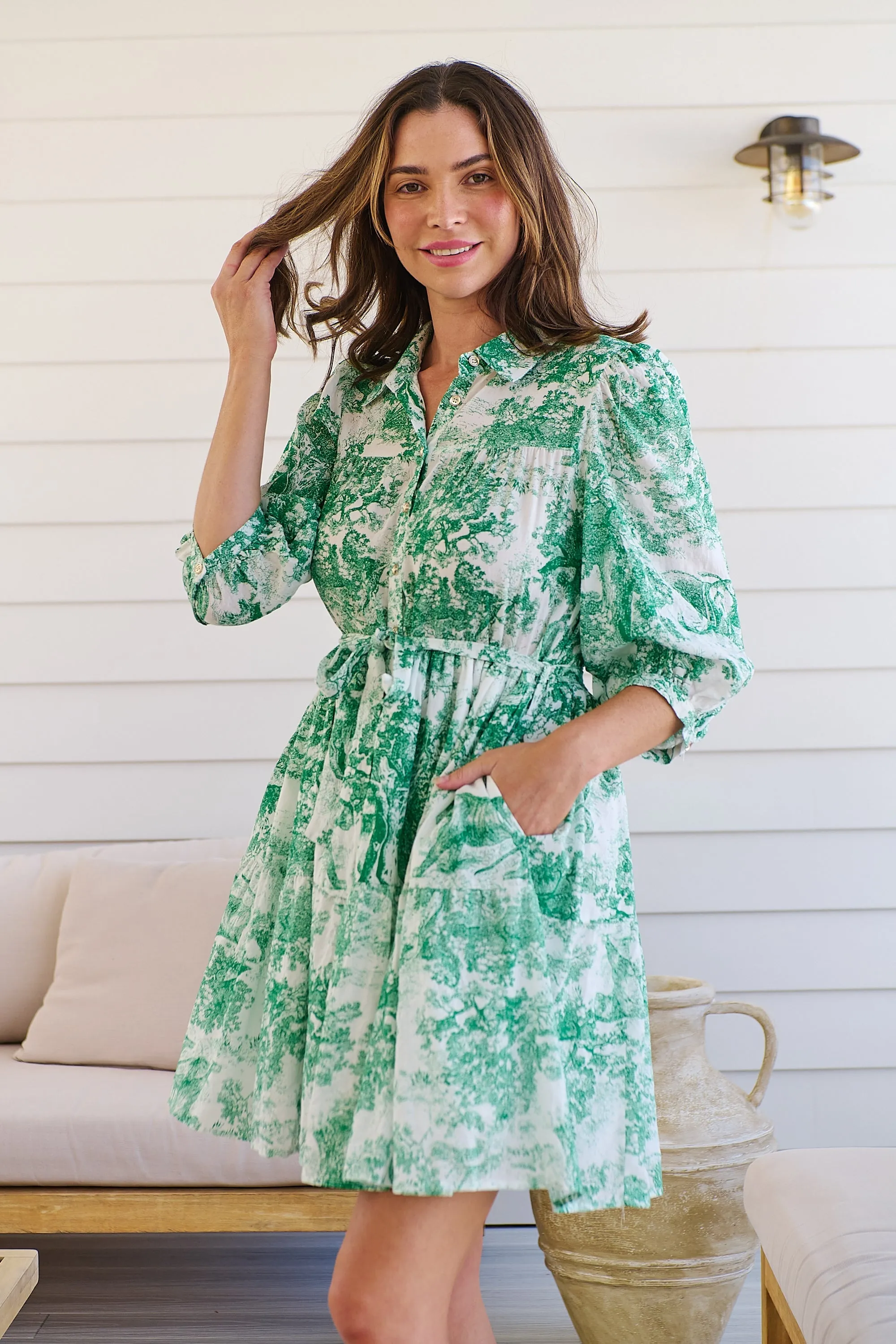 Gabrielle 3/4 Sleeve White/Green Print Collared Dress