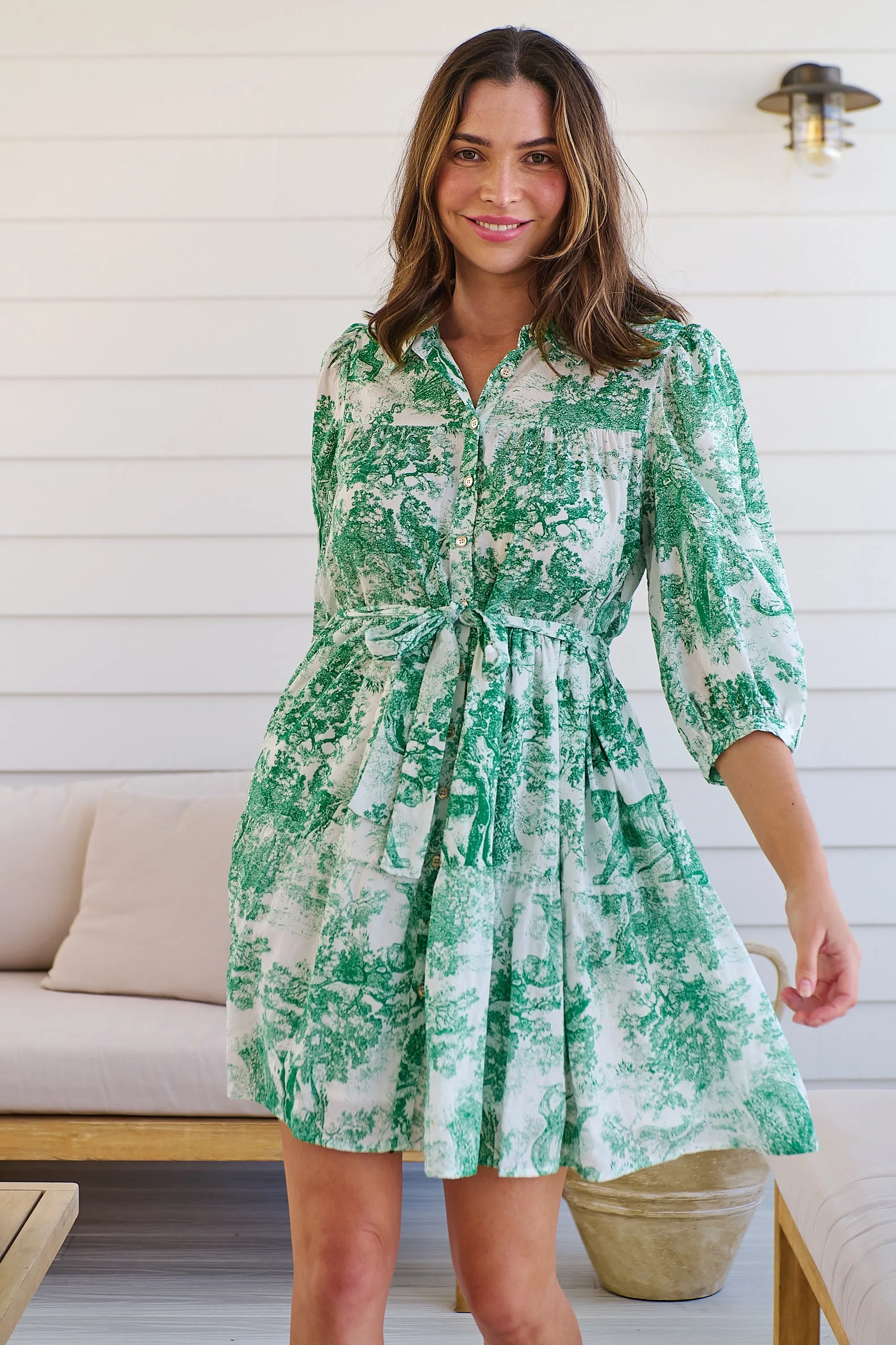 Gabrielle 3/4 Sleeve White/Green Print Collared Dress