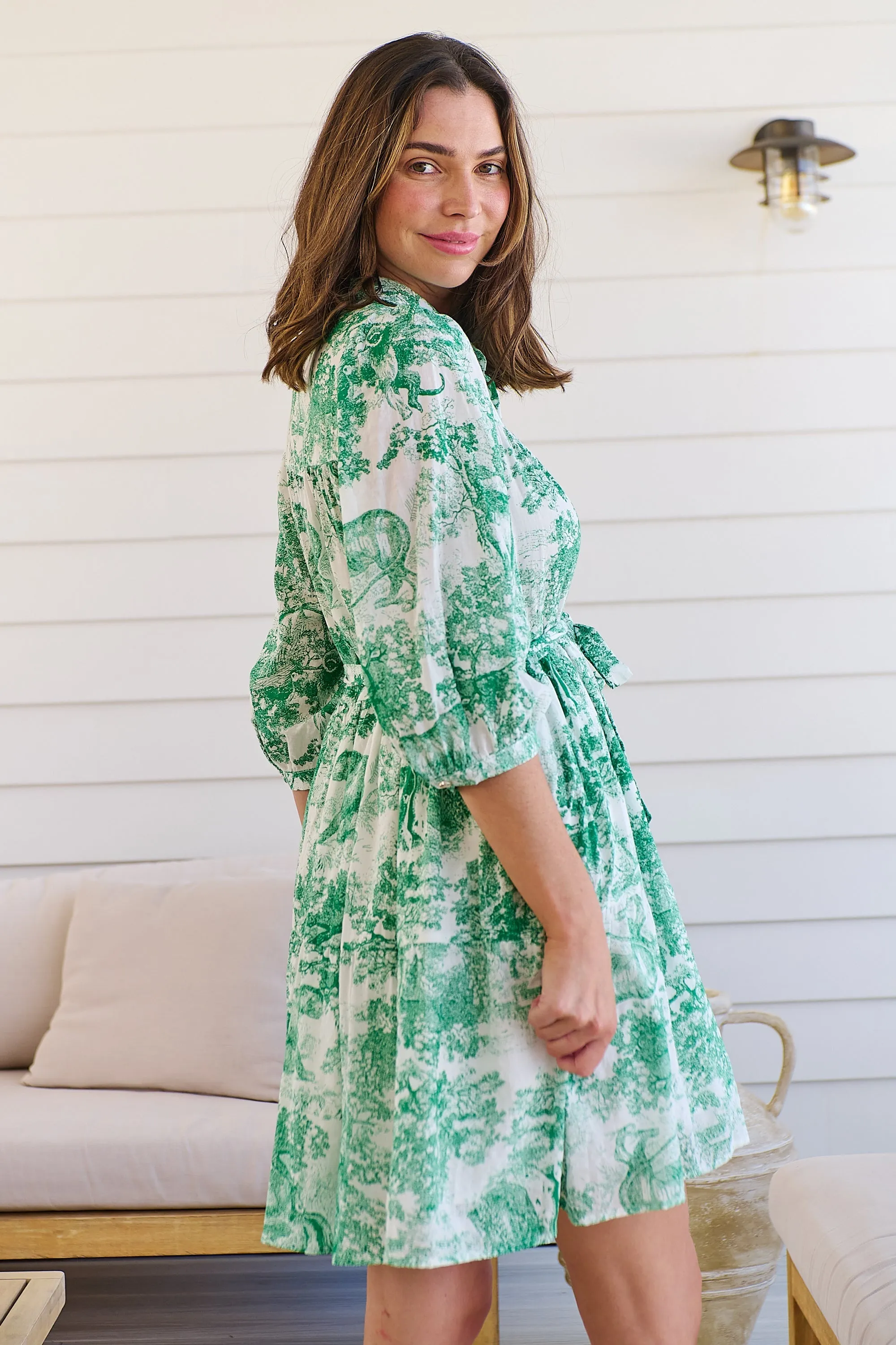 Gabrielle 3/4 Sleeve White/Green Print Collared Dress