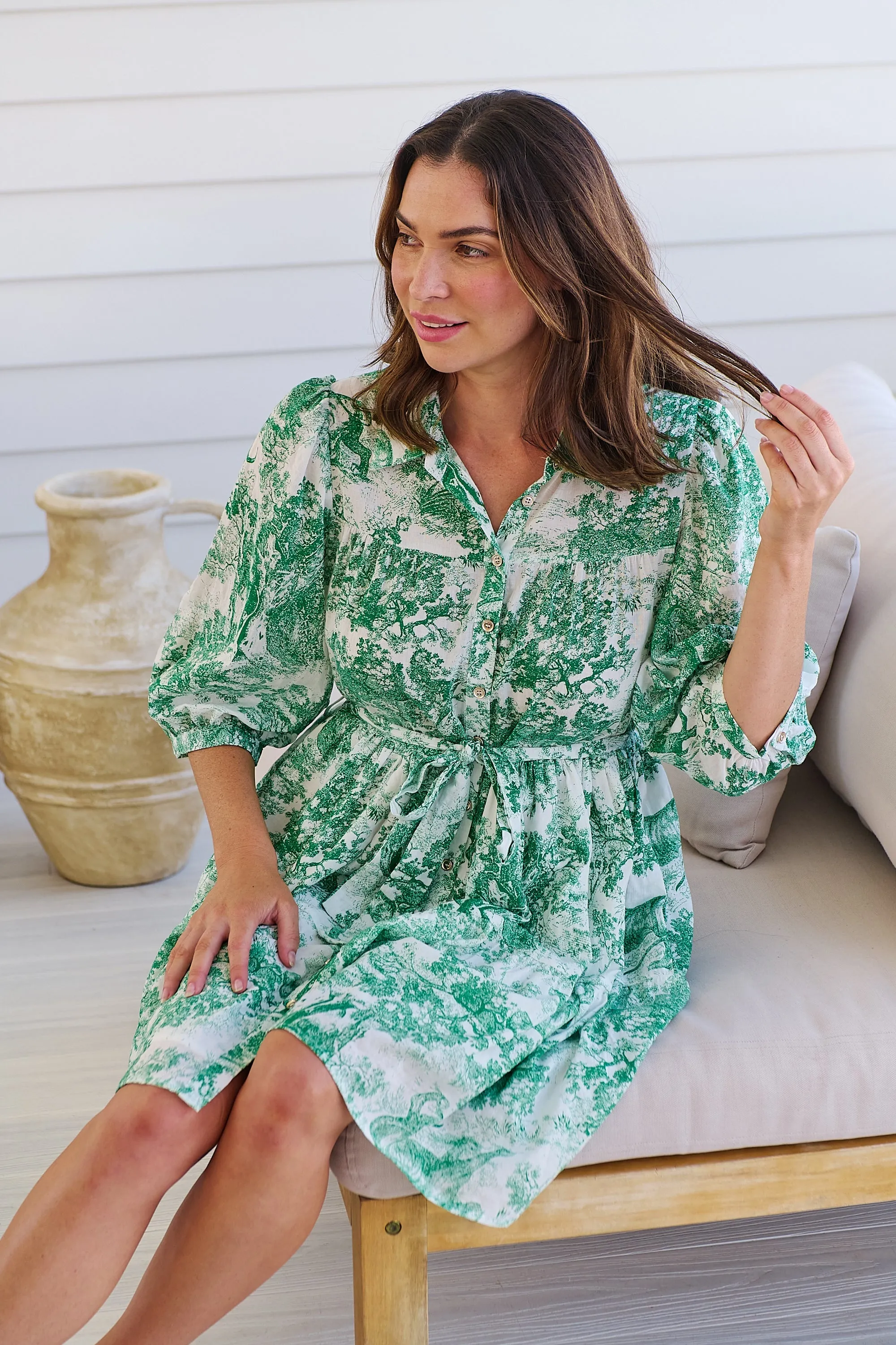 Gabrielle 3/4 Sleeve White/Green Print Collared Dress