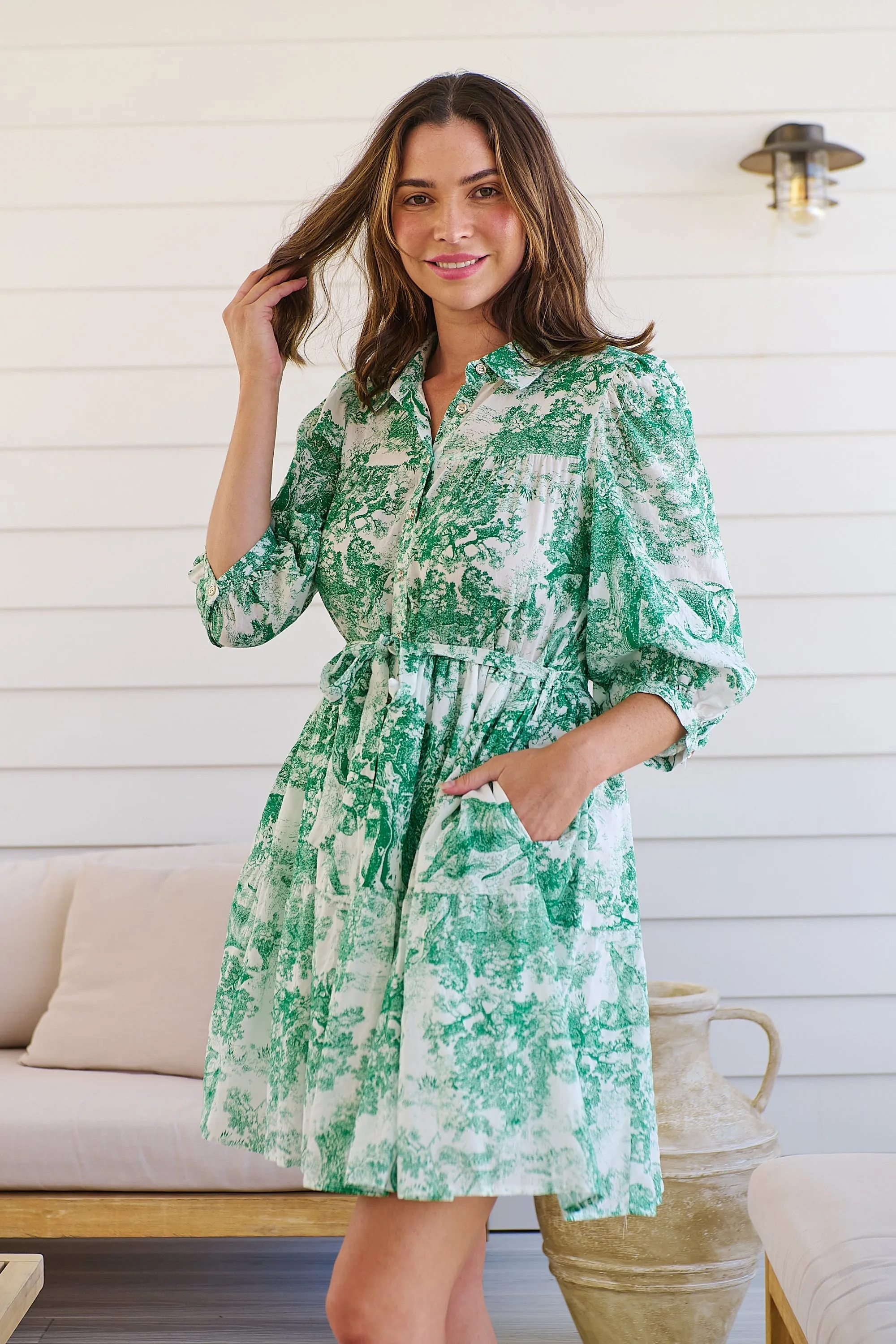 Gabrielle 3/4 Sleeve White/Green Print Collared Dress