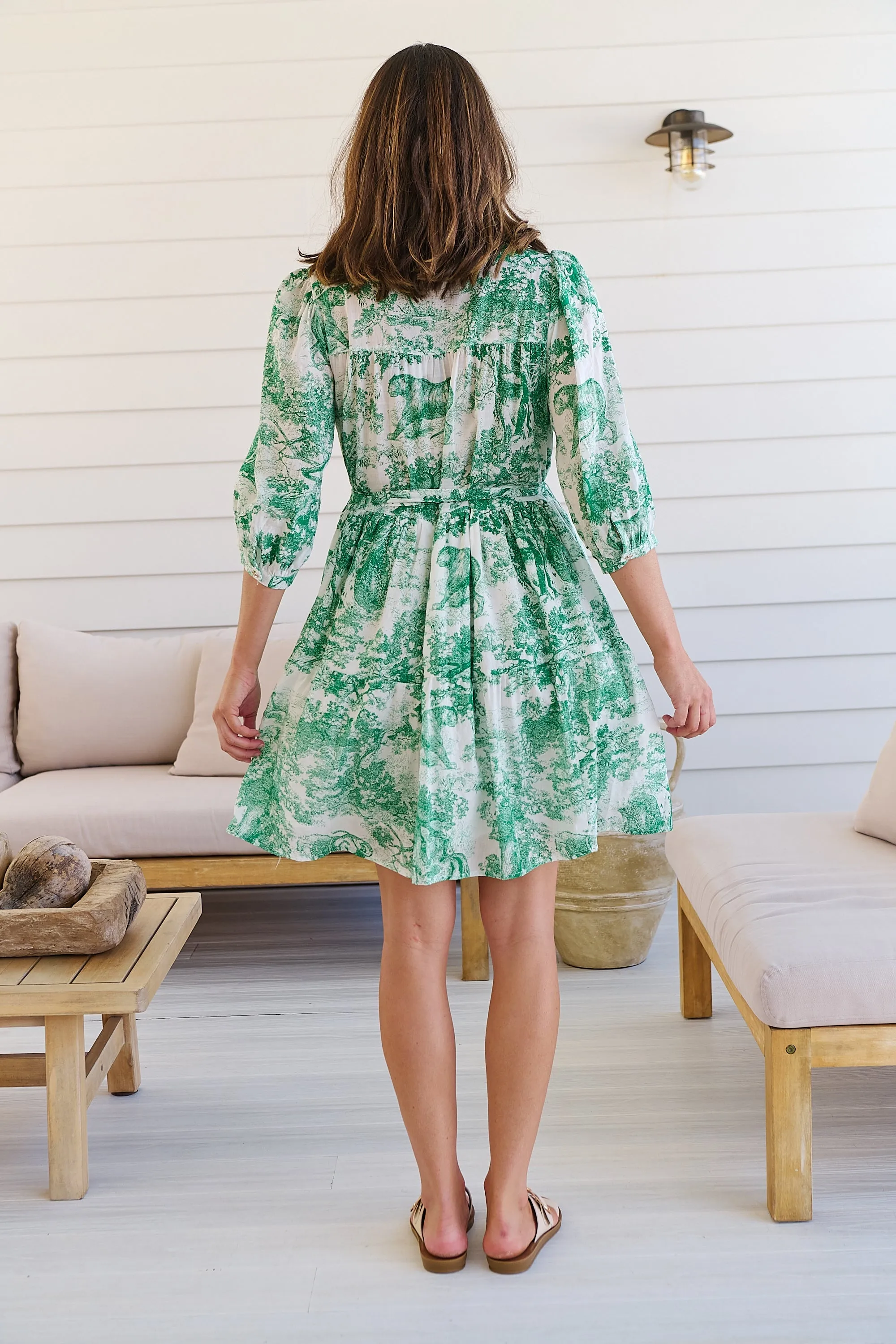 Gabrielle 3/4 Sleeve White/Green Print Collared Dress