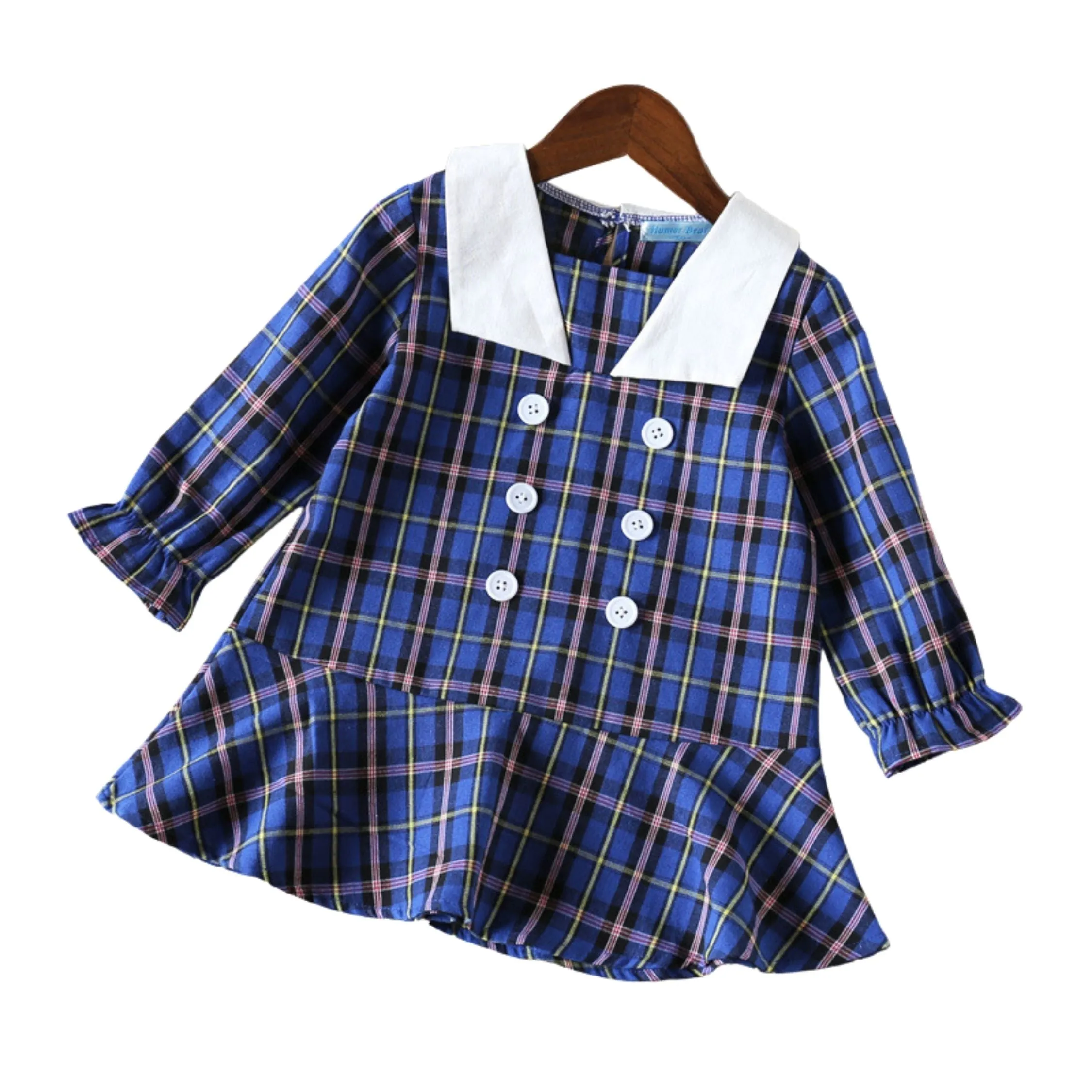 Girls Ruffle Trim Front Buttoned Cotton Dress, Blue