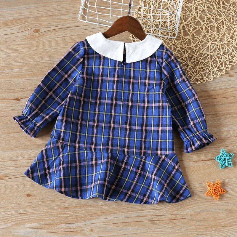 Girls Ruffle Trim Front Buttoned Cotton Dress, Blue