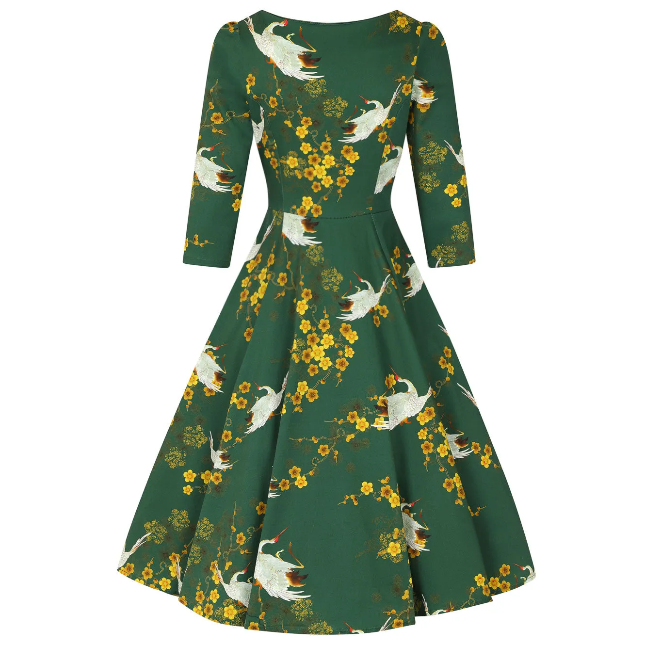 Green Birds & Blossom Print 3/4 Sleeve Vintage Style Swing Tea Dress With Pockets