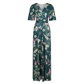 Green Floral Print Waterfall Sleeve Maxi Dress