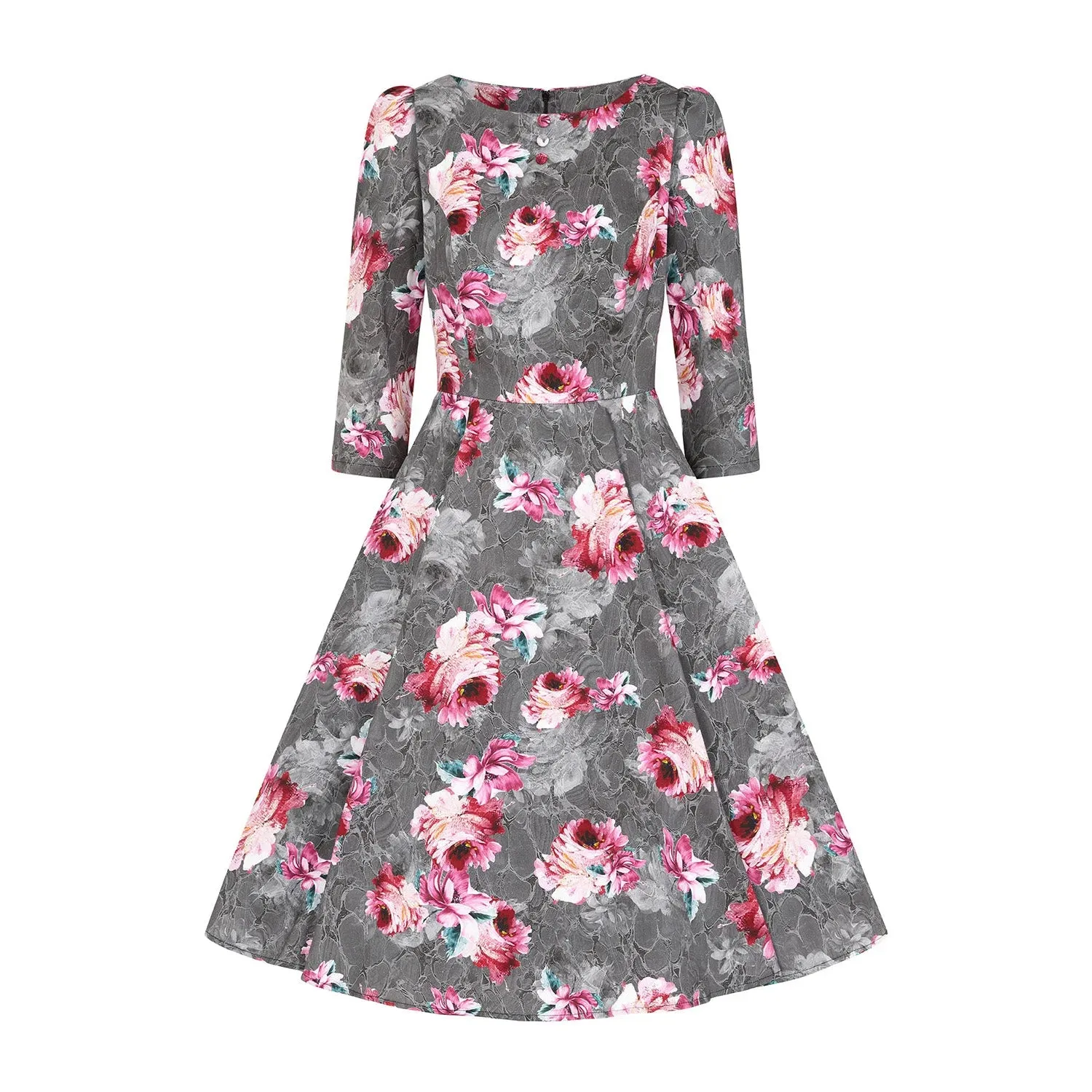 Grey Pink Floral Print 50 3/4 Sleeve Swing Tea Dress With Pockets