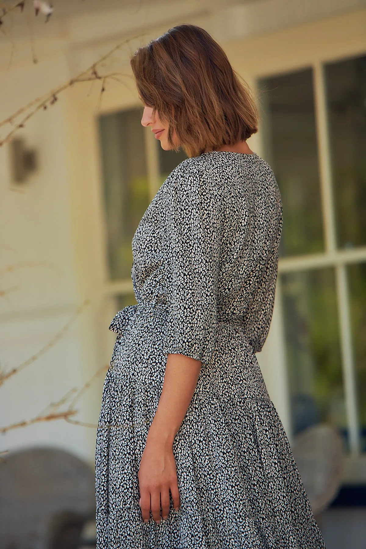 Harlow 1/2 Sleeve Black Animal Print Tiered Dress