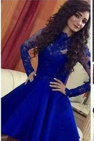 Homecoming Dress Lace Royal Blue Long Sleeves Homecoming Dress Short Prom Dresses