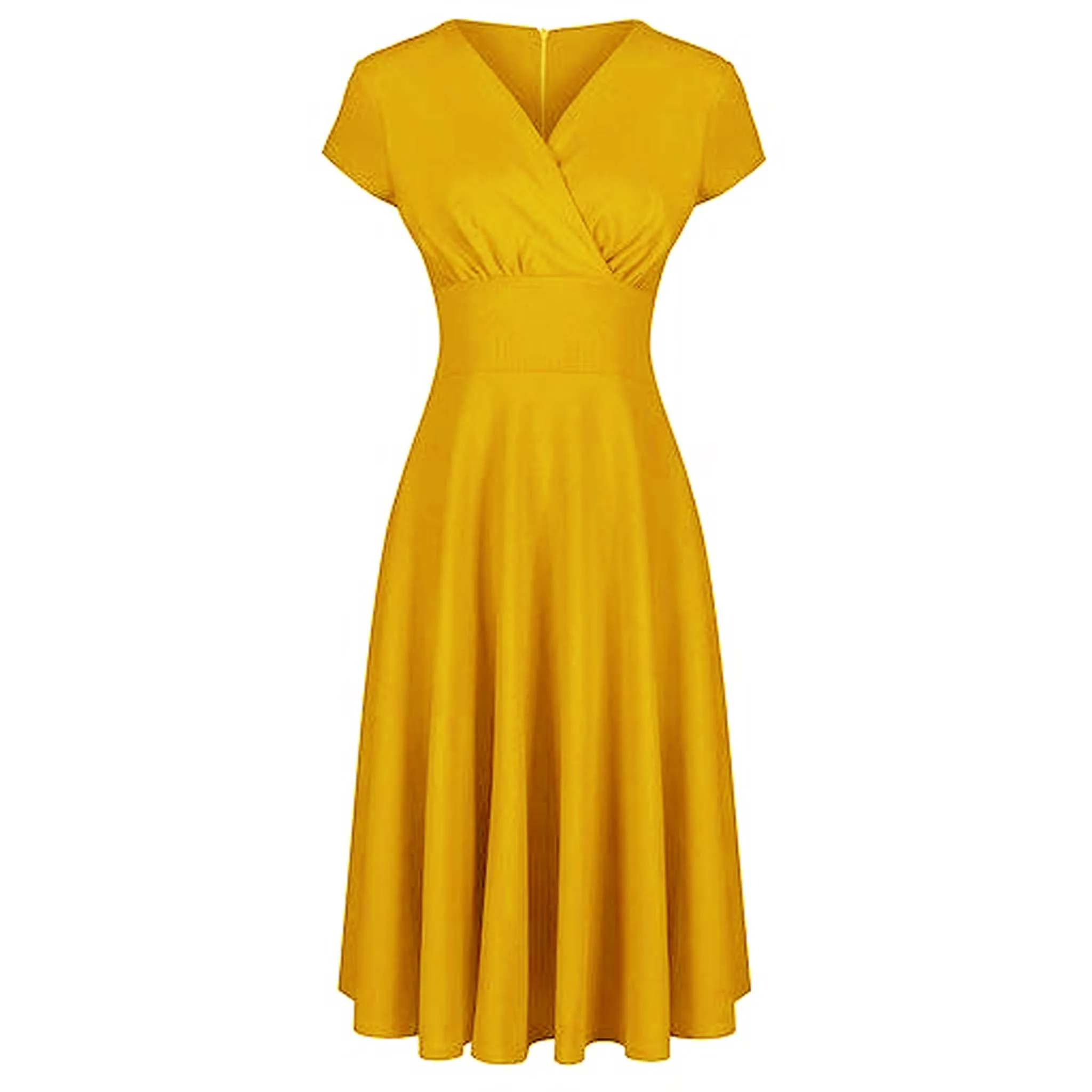 Honey Yellow A Line Vintage Crossover Capped Sleeve Swing Dress