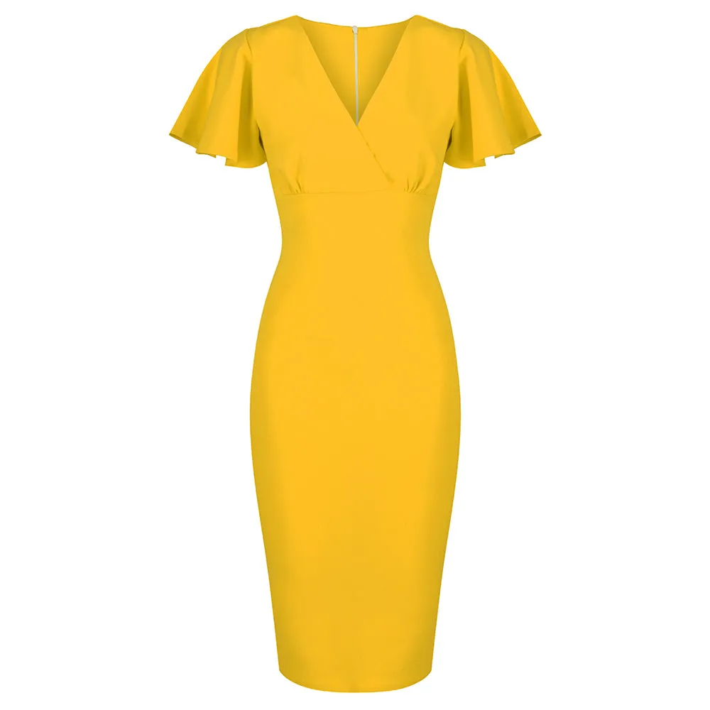 Honey Yellow Half Sleeve Deep V Neck Crossover Top Wiggle Dress