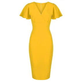 Honey Yellow Half Sleeve Deep V Neck Crossover Top Wiggle Dress