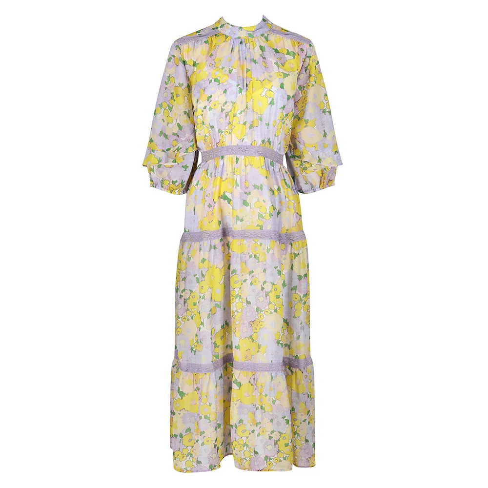 Hope & Ivy White & Yellow Floral Check Print High Neck Blouson Sleeve Maxi Dress