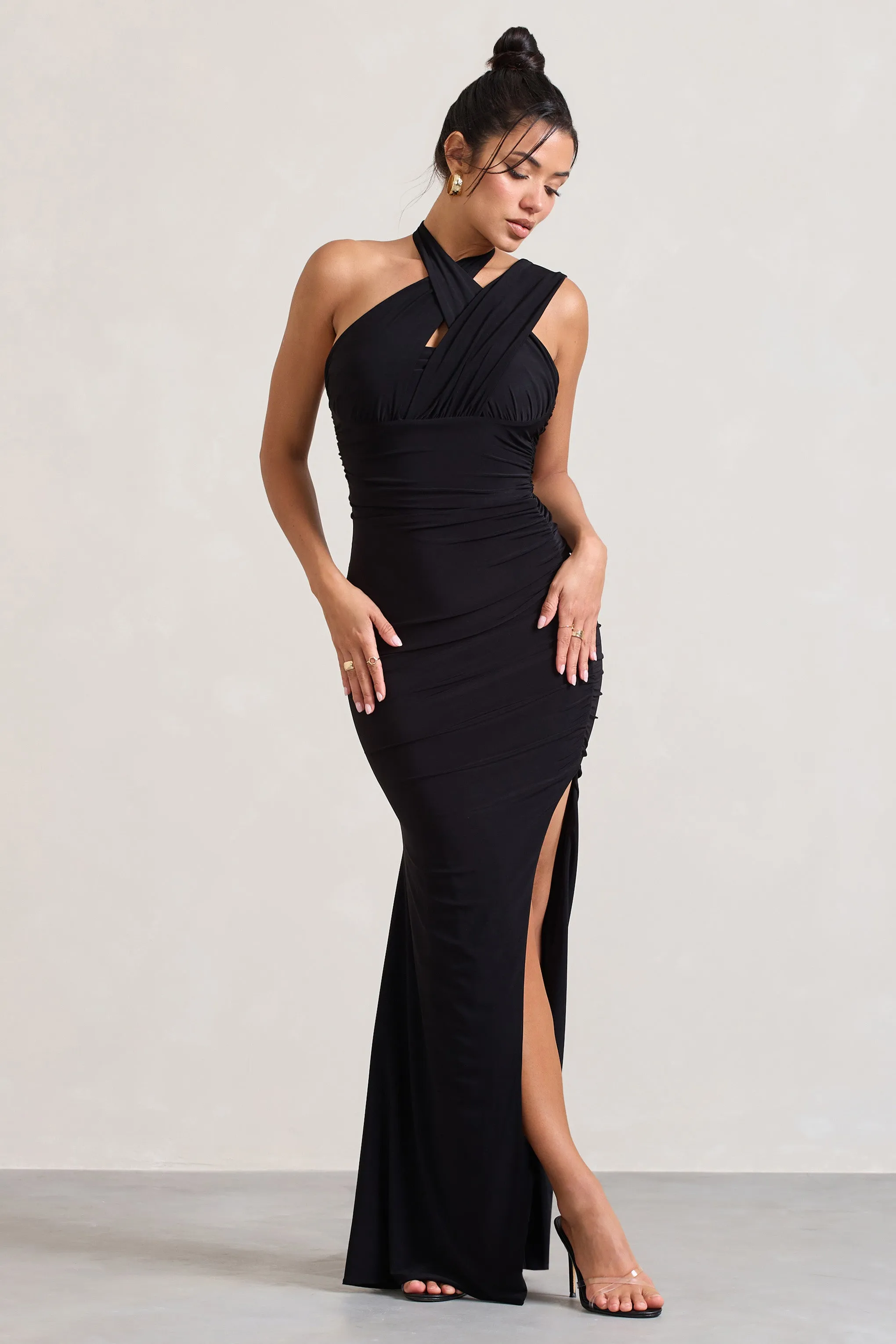 Ignite | Black Strappy Halter-Neck Asymmetric Maxi Dress