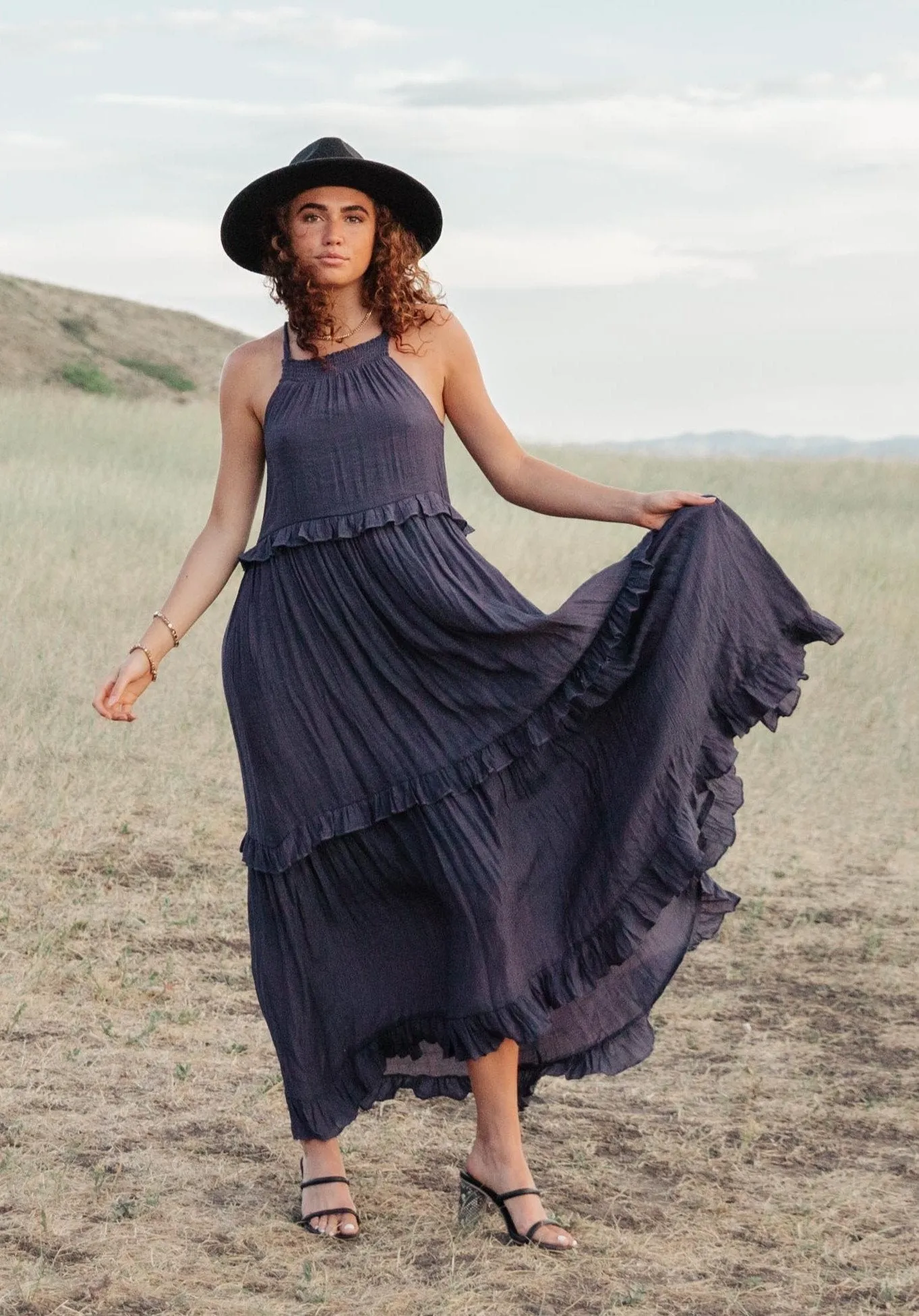 Isla Halter Tiered Maxi Dress in Navy