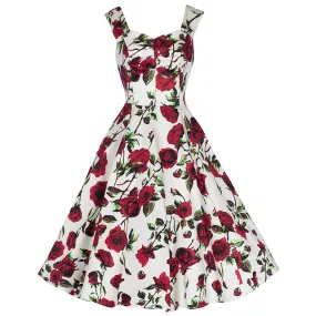 Ivory White and Red Rose Vintage Rockabilly Swing Dress