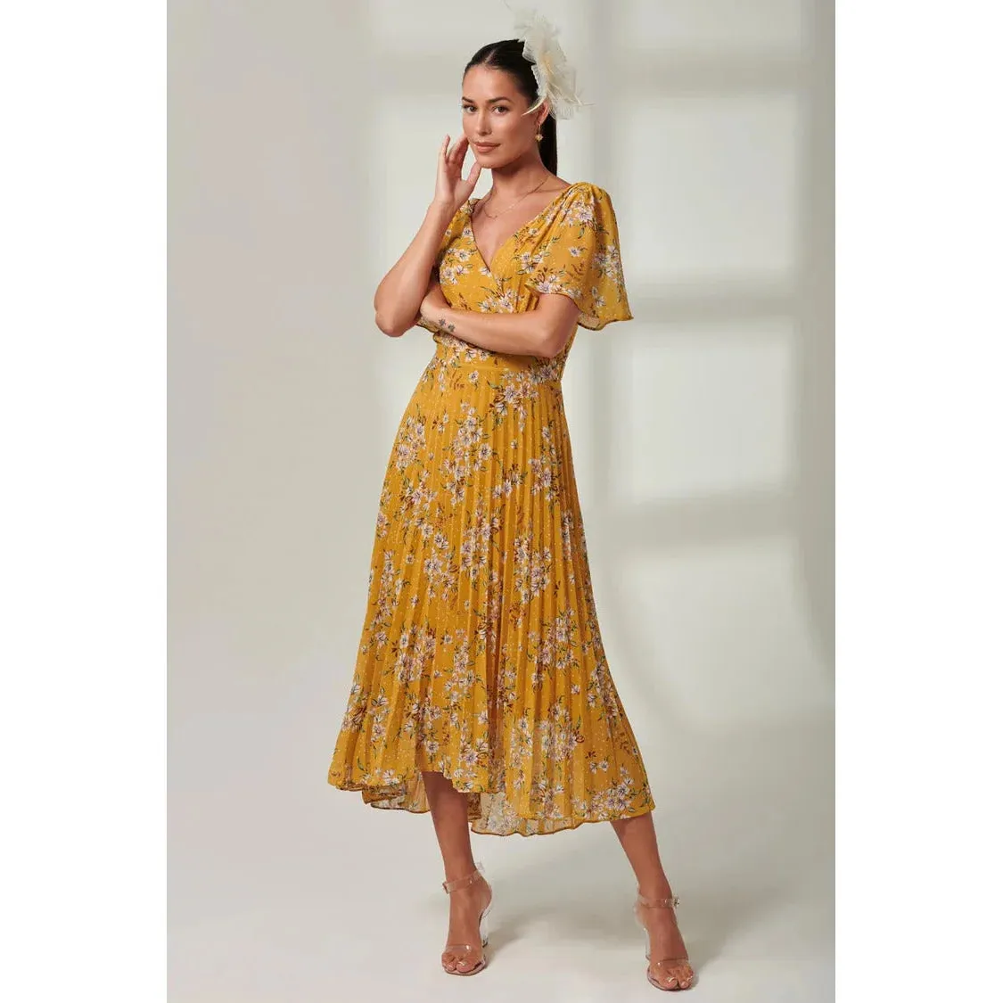 Jolie Moi Mustard Yellow Floral Print Pleated Dress With Angel Sleeves