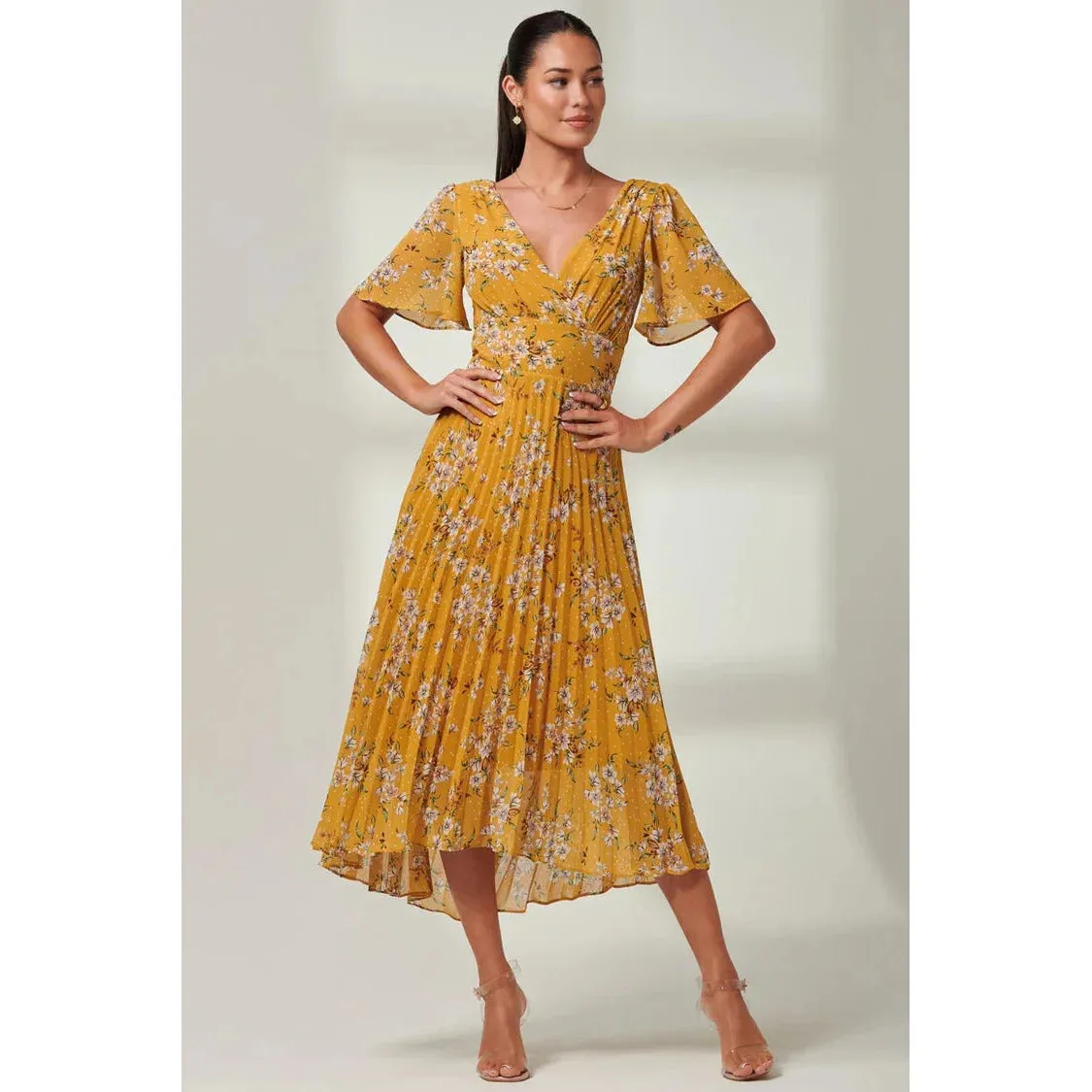 Jolie Moi Mustard Yellow Floral Print Pleated Dress With Angel Sleeves