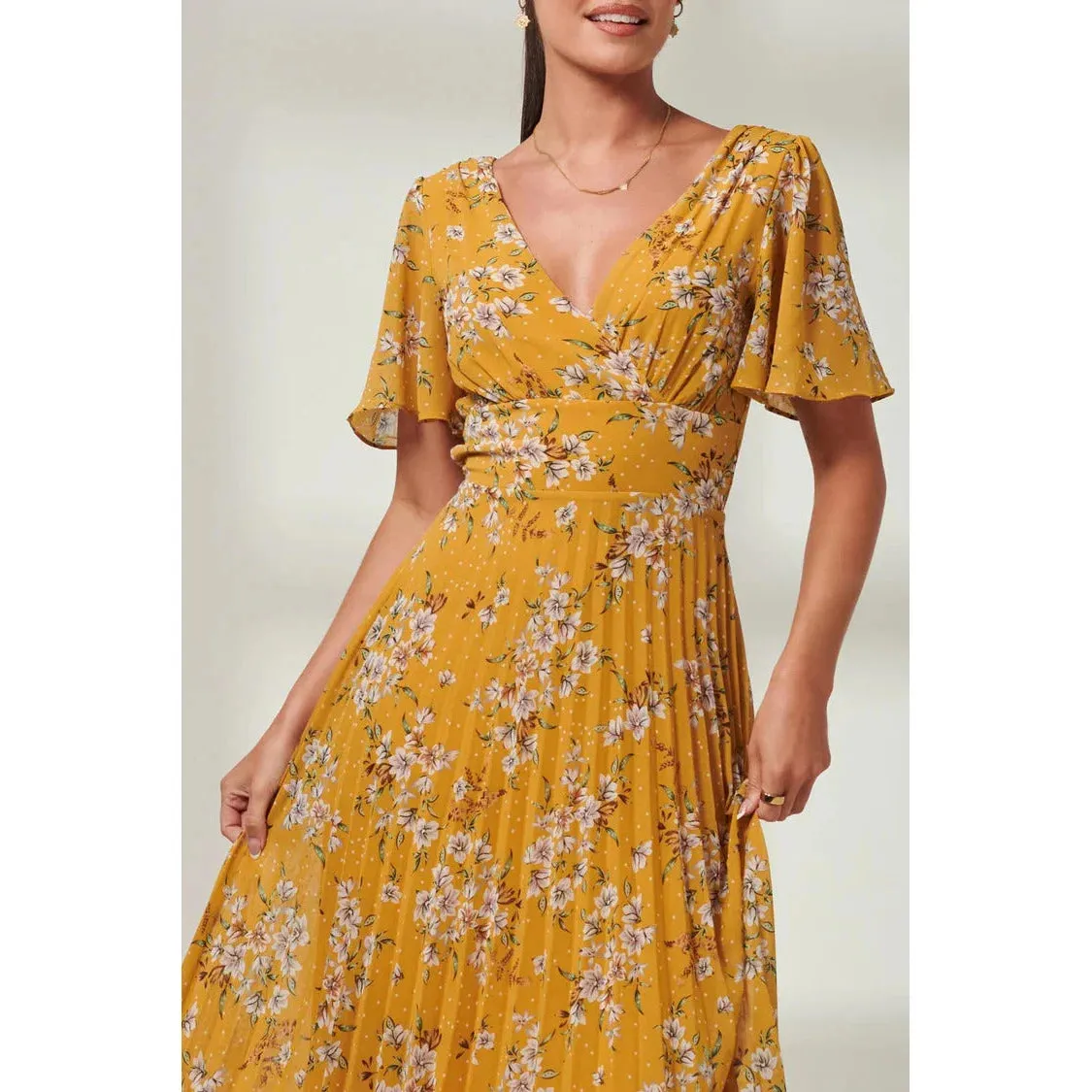 Jolie Moi Mustard Yellow Floral Print Pleated Dress With Angel Sleeves