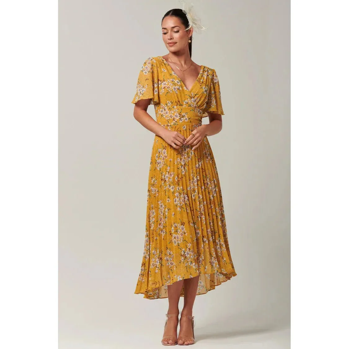 Jolie Moi Mustard Yellow Floral Print Pleated Dress With Angel Sleeves