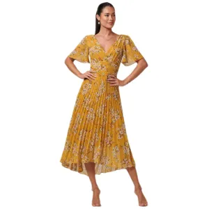 Jolie Moi Mustard Yellow Floral Print Pleated Dress With Angel Sleeves