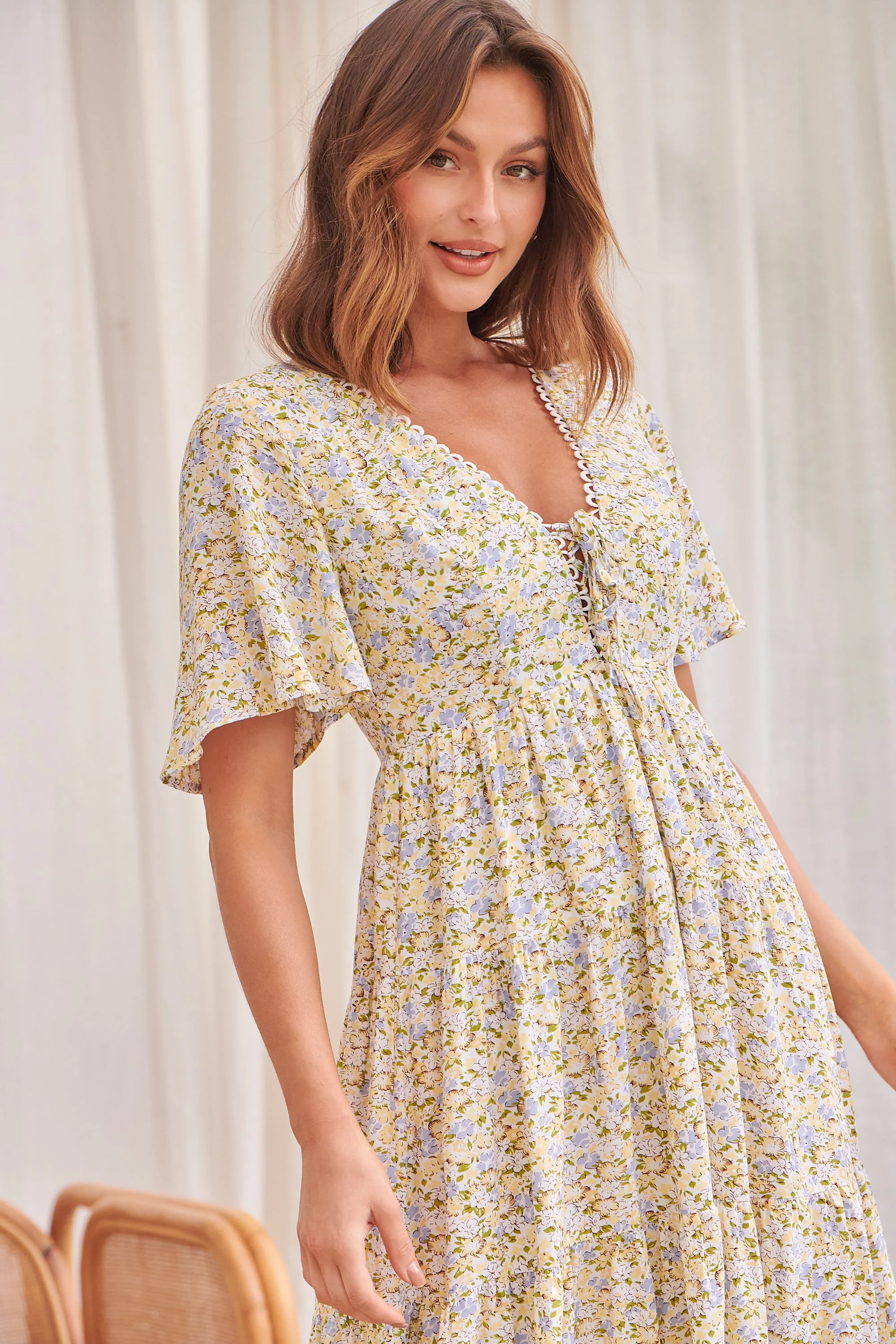 Optimized Title: Chic Juliana Tie Front Floral Print Dress in Bright Yellow - Perfect for Spring/Summer Fashion