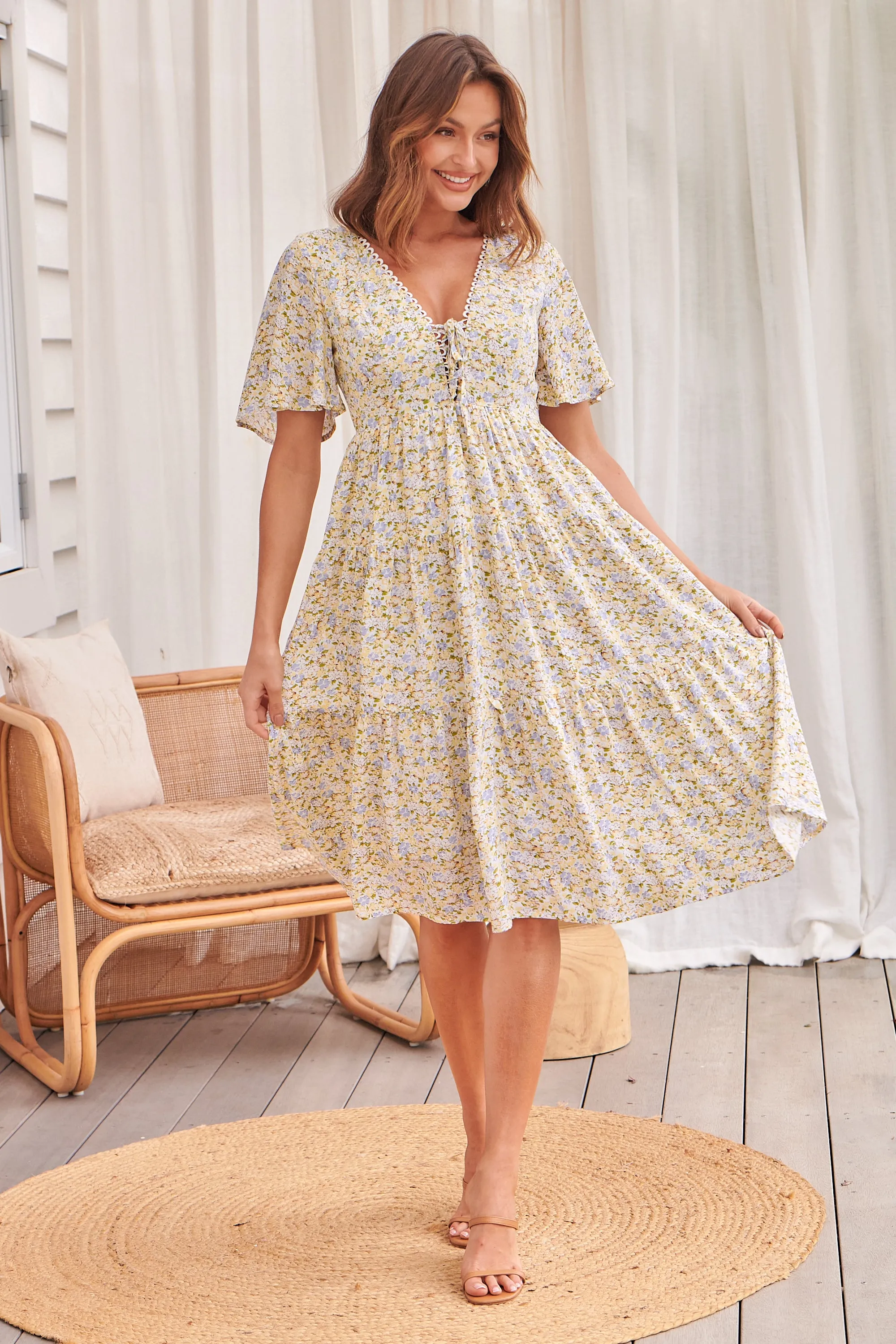 Optimized Title: Chic Juliana Tie Front Floral Print Dress in Bright Yellow - Perfect for Spring/Summer Fashion