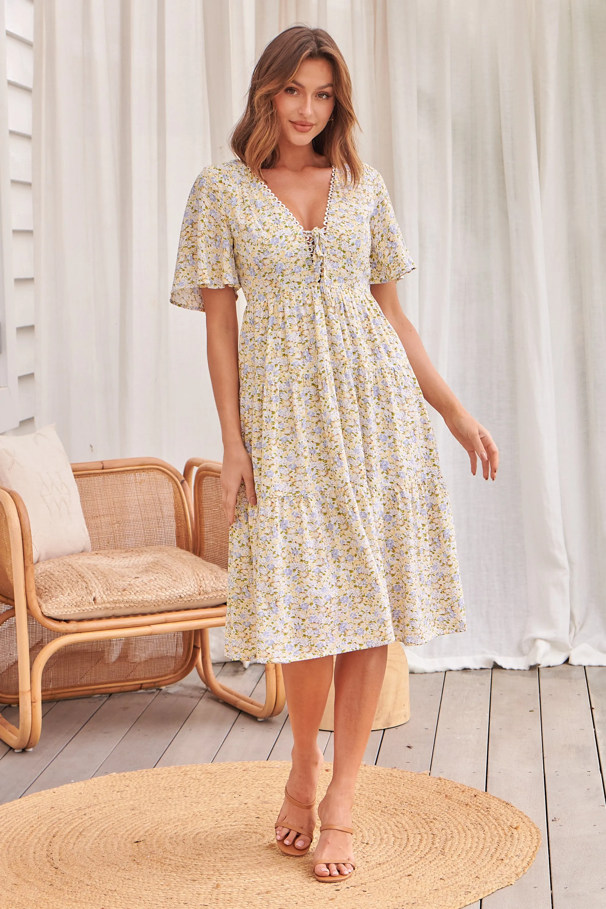 Optimized Title: Chic Juliana Tie Front Floral Print Dress in Bright Yellow - Perfect for Spring/Summer Fashion