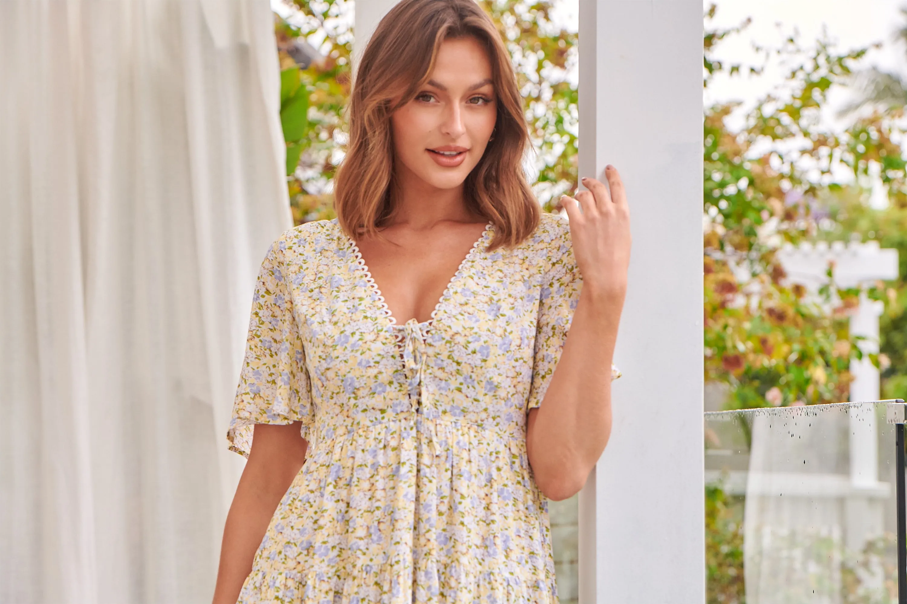 Optimized Title: Chic Juliana Tie Front Floral Print Dress in Bright Yellow - Perfect for Spring/Summer Fashion