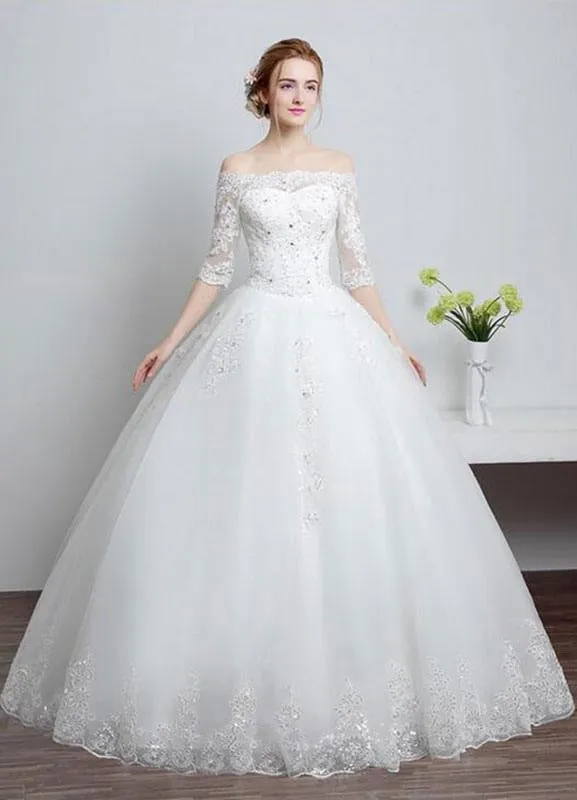 Lace Wedding Dress Off The Shoulder Ivory A Line Lace Up Half Sleeve Sequined Floor Length Bridal Dress