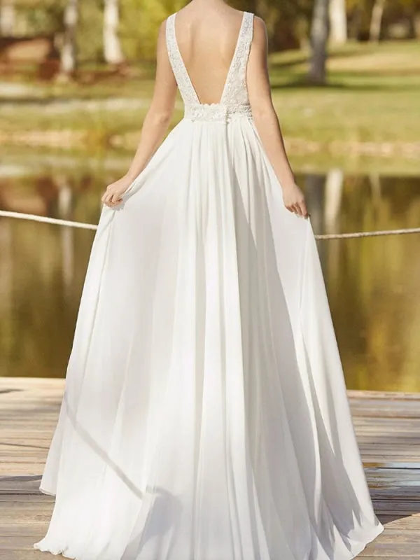 Lace Wedding Dress With Train A-Line Sleeveless Chiffon Illusion Neckline Long Bridal Gowns