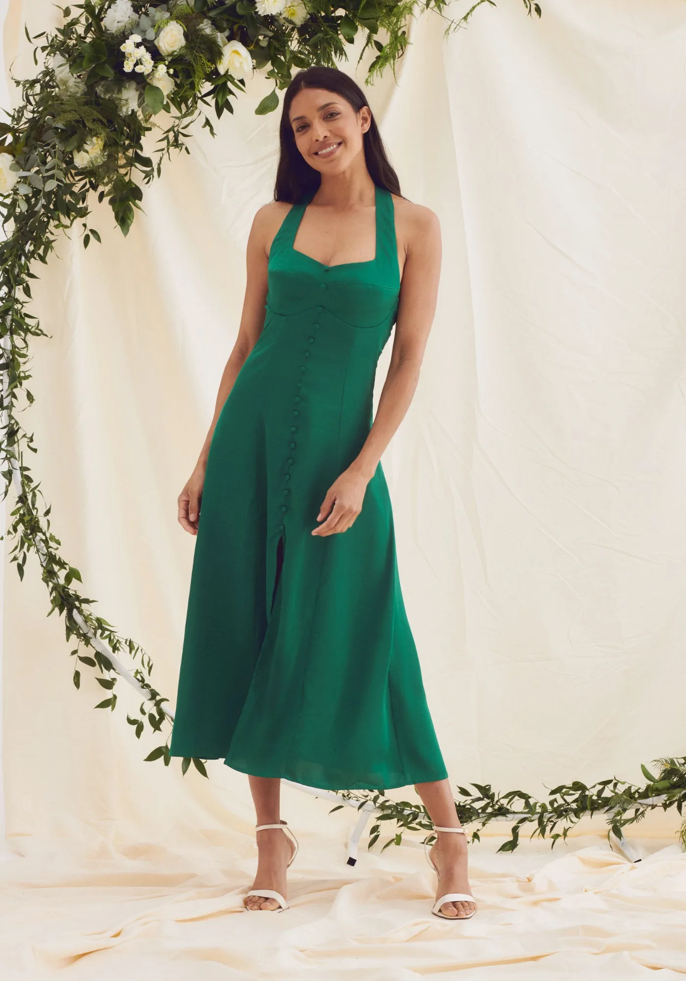 Leona Halter Tie Neck Satin Midi Dress - Emerald Green