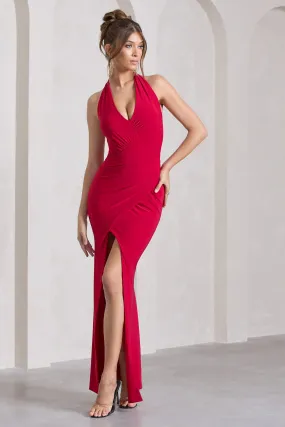 Leonie | Red Halter-Neck Split Maxi Dress With Wrap Detail