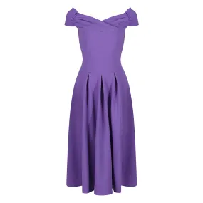 Lilac Purple Crossover Bust Cap Sleeve Bardot Style 50s Swing Dress