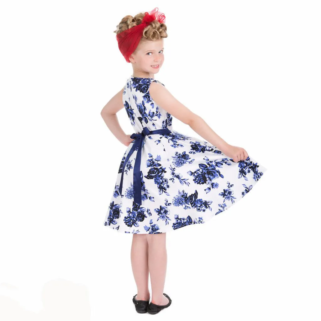 Little Kitty Girl's White and Blue Floral Party Dress