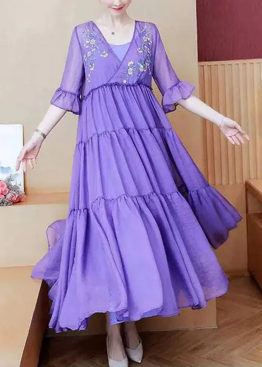 Loose Purple V Neck Embroidered Wrinkled Patchwork Chiffon Dress Summer HA1058